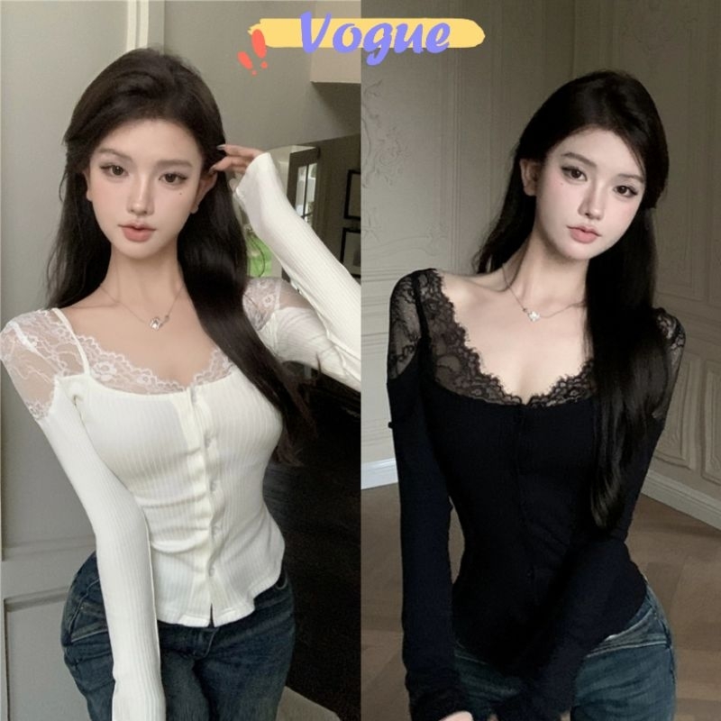 Vogue พร้อมส่ง เสื้อไหมพรมแขนยาว ดีเทลรอบลูกไม้ ใส่สบาย (M2920)