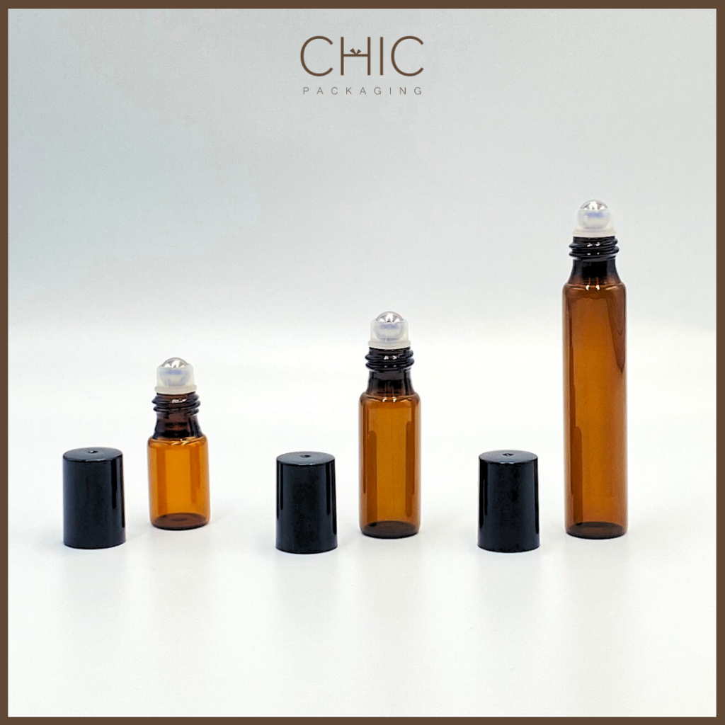 พร้อมส่ง ขวดลูกกลิ้งแก้วสีชา 3/5/10ml ฝาดำ หัวลูกกลิ้งแบบโรลออน ใส่น้ำมันหอมระเหย น้ำหอม