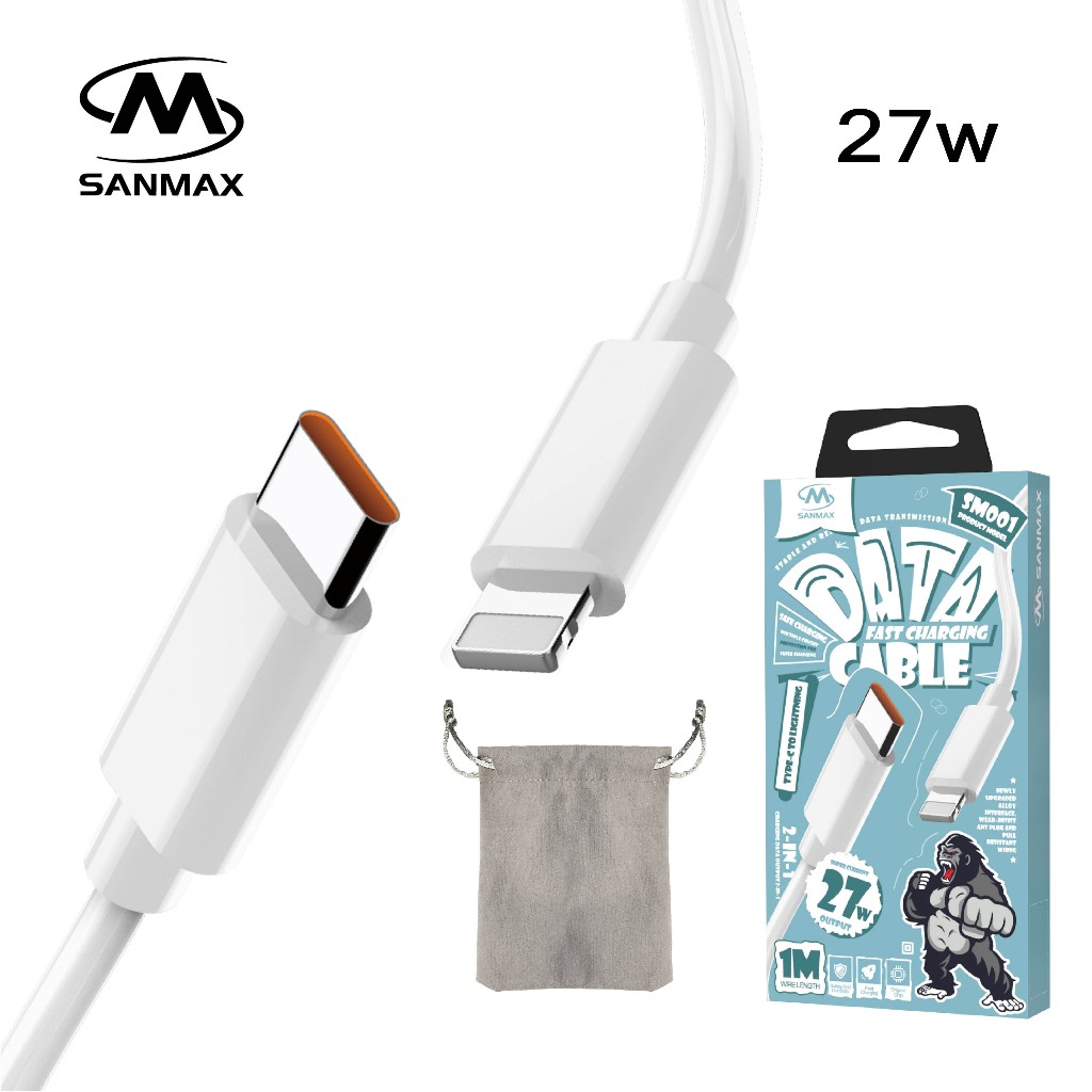 sanmax สายชาร์จ pd 27w รุ่น kingkong（type c - L สำหรับ for  5 6 7 8 x xr 11 12 13 14pro max se）ชาร์จเร็ว รับประกัน 1 ปี