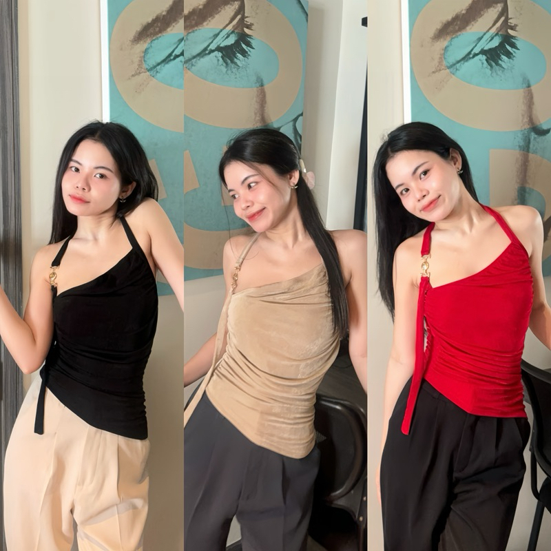 TORR.STORE พร้อมส่ง Ruby Top | เสื้อท็อปคล้องคอแต่งอะไหล่ฝั่งขวา ผ้ายืดหยุ่น
