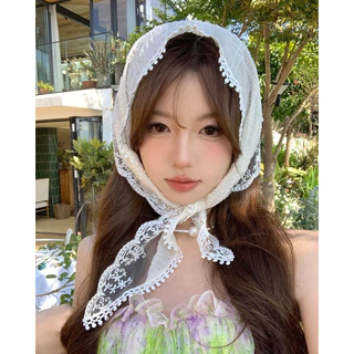 [จัดส่งในกทม] แฟชั่นเกาหลี ผ้าพันคอ สีขาว ที่คาดผม ผ้า ทรงสามเหลี่ยม แต่งลูกไม้ ลายดอกไม้ คุณภาพสูง เครื่องประดับแฟชั่น