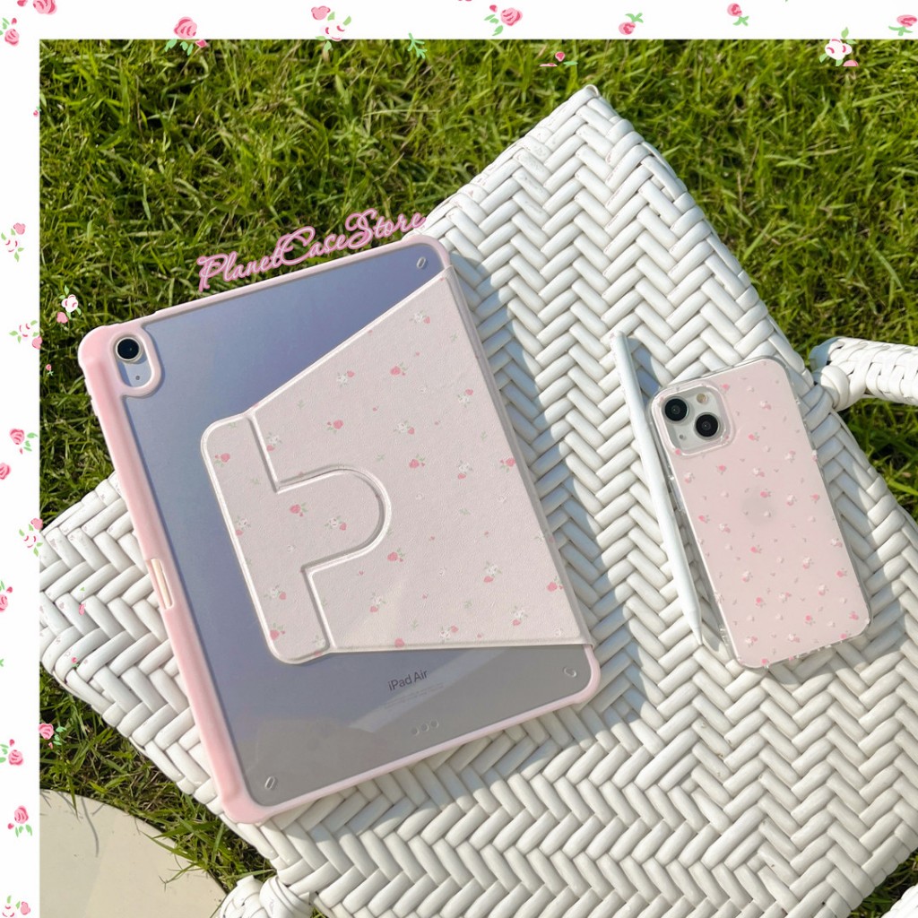 🔥พร้อมส่ง🔥เคสiPadหมุน 360°Air8 Air7/6 11/13 Pink Floral Acrylicช่องใส่ปากกาขวา เคสไอแพด Gen12 Gen11