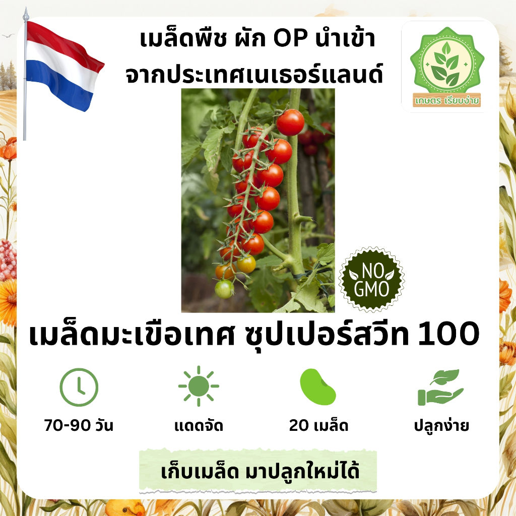 เมล็ดพันธุ์รวมผักต่างๆ มะเขือเทศซุปเปอร์สวีท 100 (Super sweet 100 Tomato) เมล็ดนอกนำเข้าต่างๆ พันธุ์ OP บรรจุ 3-20 เมล็ด