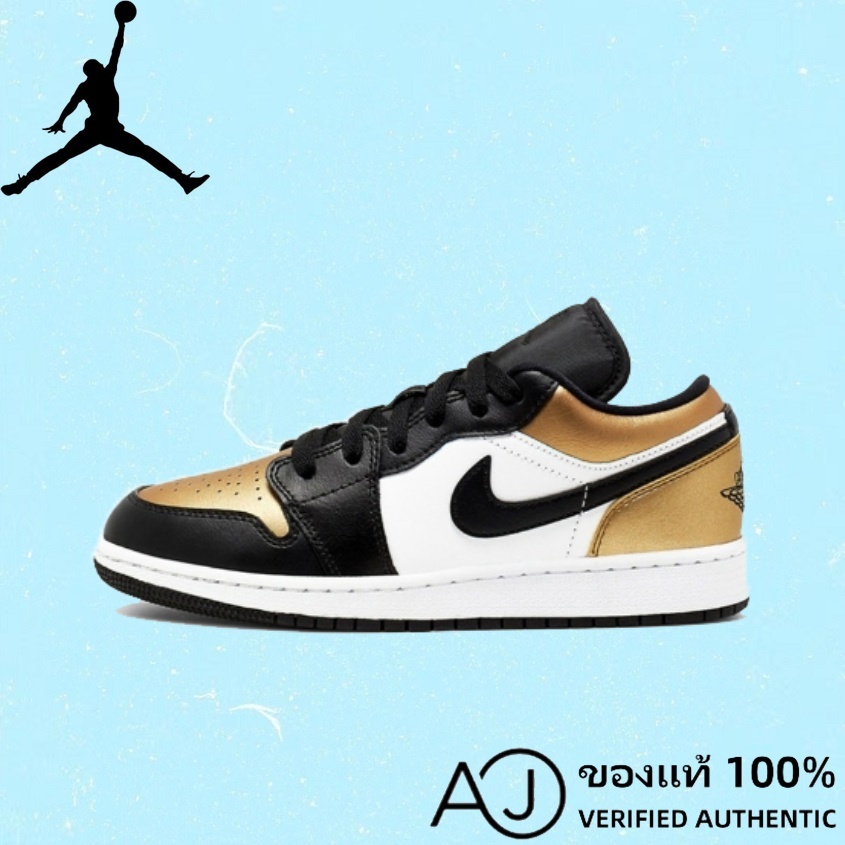 [ของแท้ 100%] Nike Air Jordan 1 Low Gold Toe GS CQ9487-700 Running shoes black gold