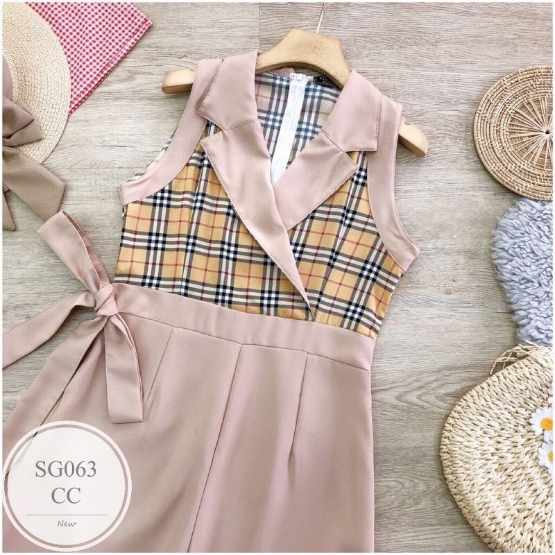 NG063 Jumpsuit จั้มสูทขายาว แขนกุด คอปก อกแต่งลาย BBR ทรงเชือกผูกเอว