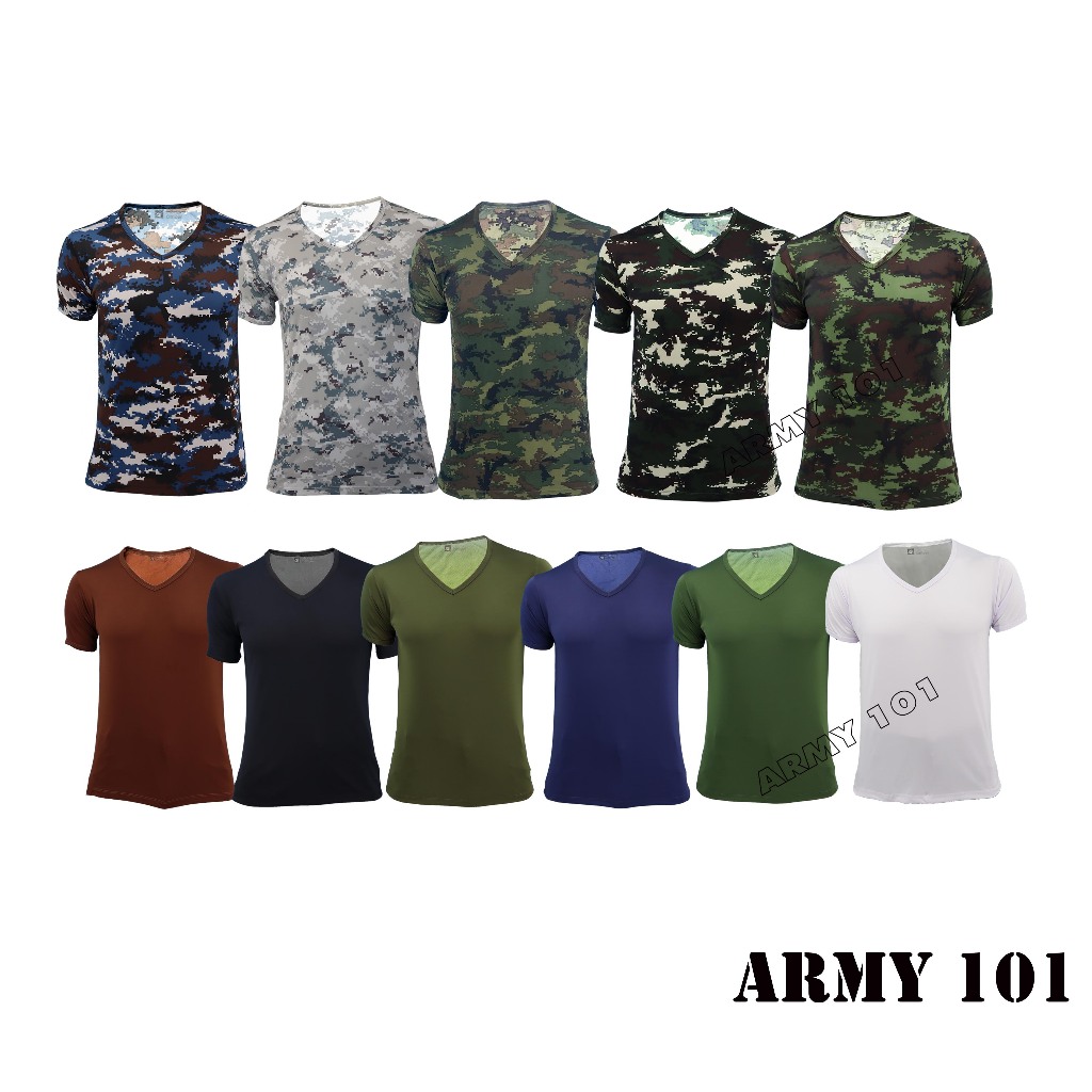 เสื้อยืด เสื้อซับใน ผ้านาโน ผ้ามัน คอวี เจ้าหน้าที่ พนักงาน ข้าราชการ ทหาร ตำรวจ ลายพราง ดำ ขาว BV