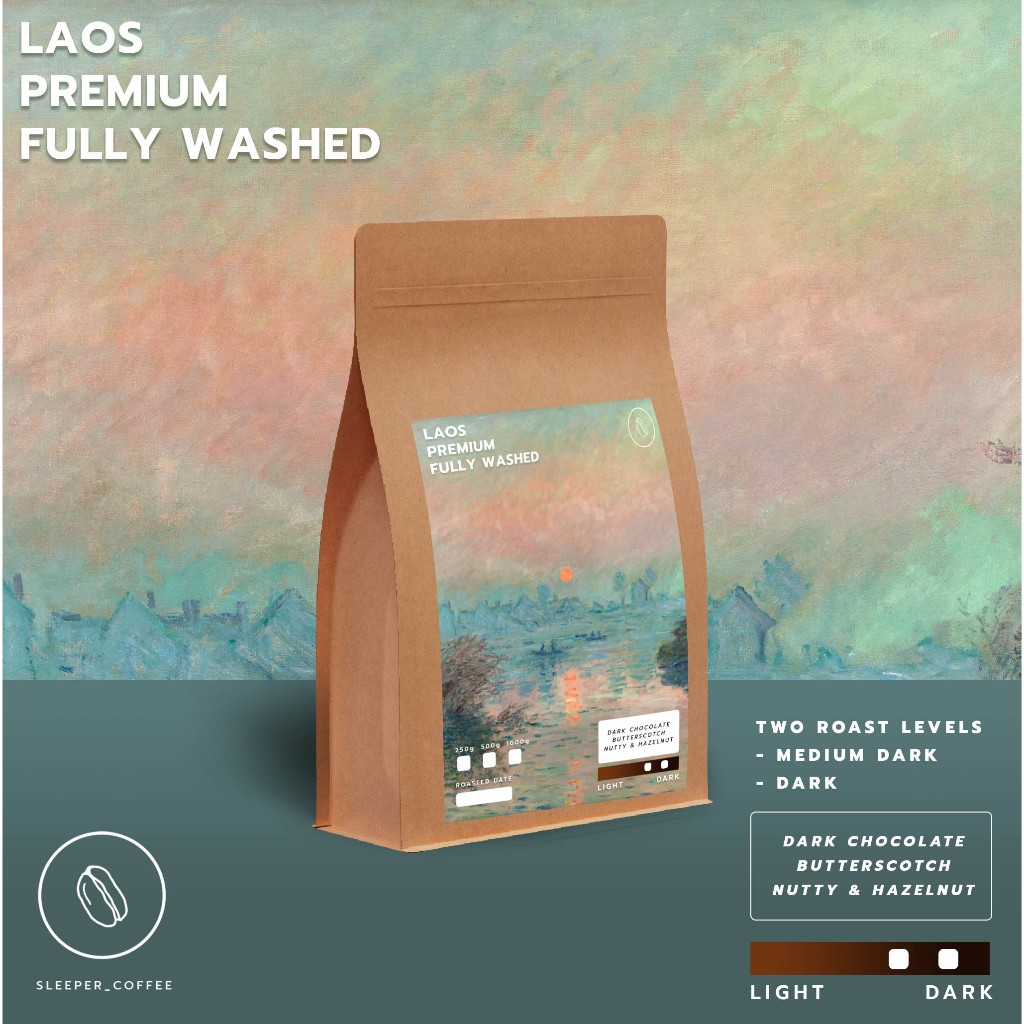 เมล็ดกาแฟคั่ว กลางเข้ม และ เข้ม Laos Premium Fully Washed Medium Dark & Dark Roasted 250g