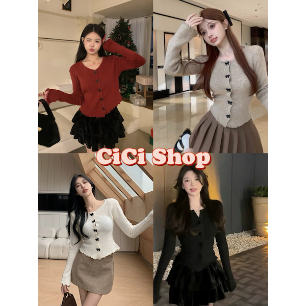 Cicishop(C1804/Y0217)เสื้อครอปแขนยาว คอกลมเข้ารูปดีเทลกระดุมโบว์สามารถถอดแกะได้สไตล์ฝรั่งเศส แฟชั่นฤดูใบไม้ร่วง