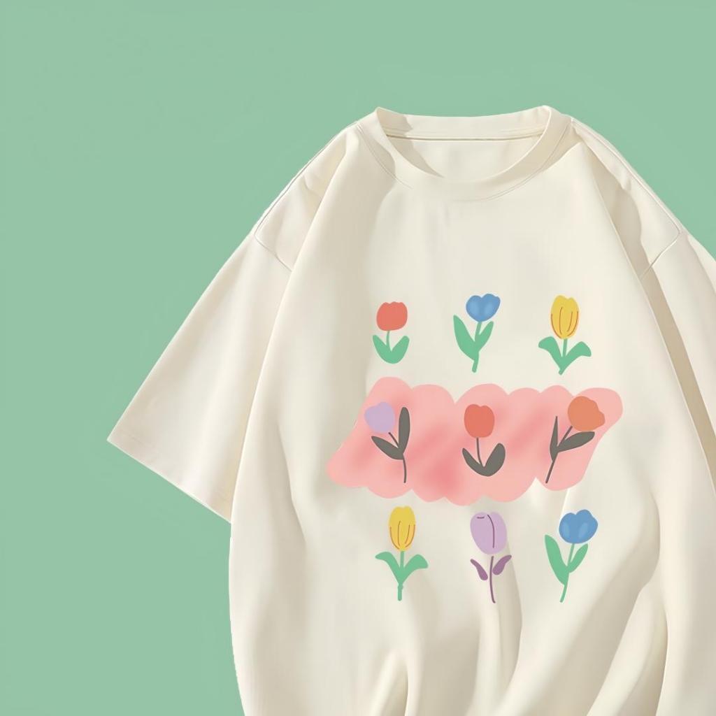 พร้อมส่ง!! เสื้อยืดแฟชั่น สไตล์เกาหลี ลายดอกไม้ น่ารัก ทันสมัย ผ้าหนา ผ้าไม่ลื่น Oversize ผ้าCotton100% มีหลายไซซ์ ส่งไว