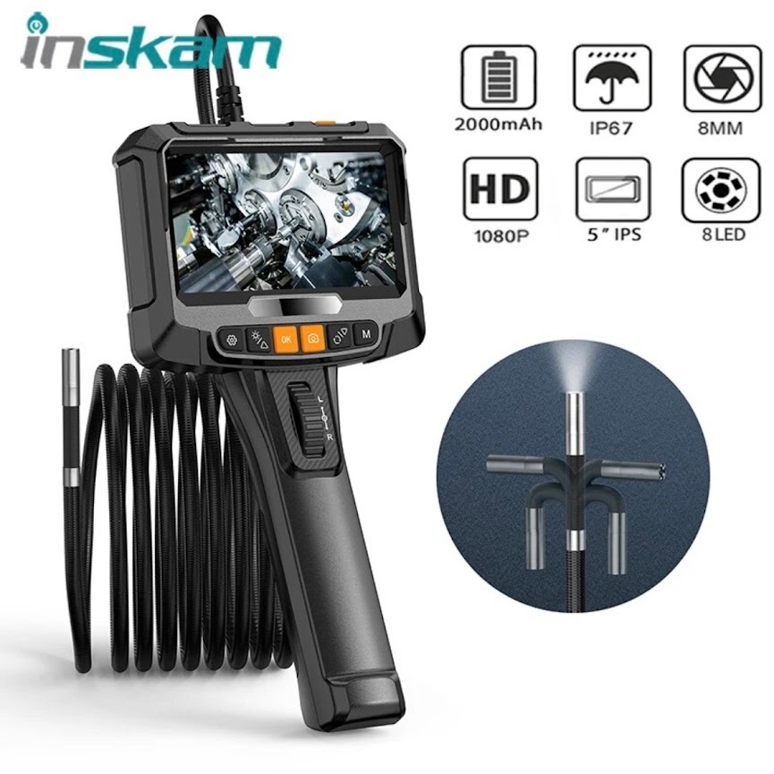 Inskam กล้องเครื่องส่องตรวจพวงมาลัยอุตสาหกรรม360 °แบบสองทางขนาด8มม.เลนส์คู่กล้องงูสำหรับตรวจสอบ5 "หน้าจอ IPSสำหรับรถยนต์