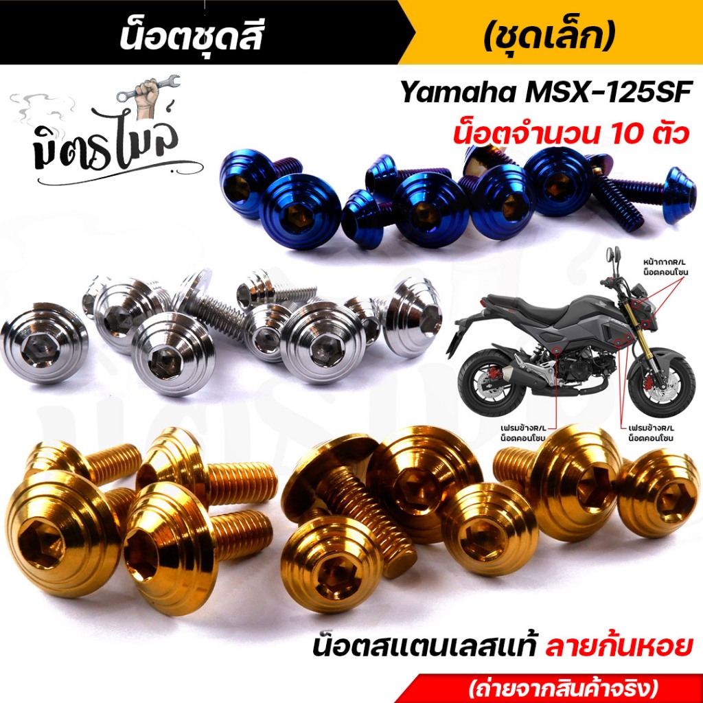 น็อตเฟรม น็อตชุดสี MSX-125SF (1ชุด10ตัว) เลสแท้100% หัวก้นหอย พร้อมคู่มือ น็อตเฟรมmsx ชุดสีmsx น๊อตช