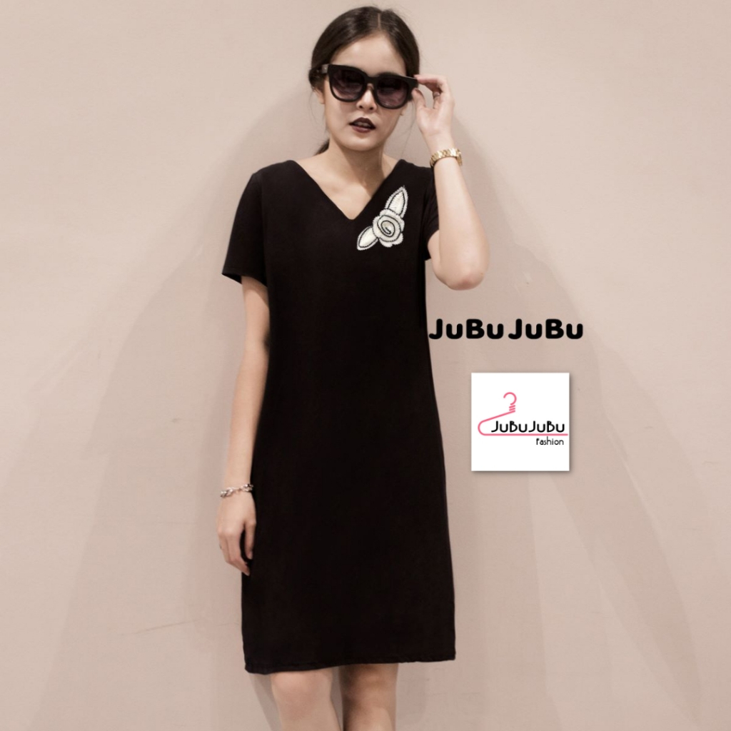 Sale มินิเดรส ดอกไม้ไหมพรม ผ้าสเปนเดก 36-38 นิ้ว สีดำ #S06