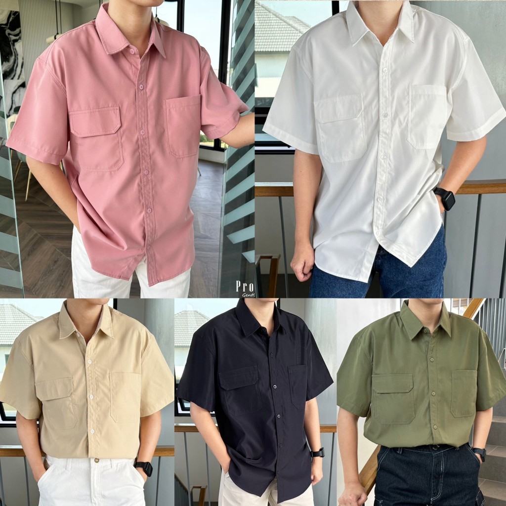 Prompt เสื้อเชิ้ต​ คอปกแขนสั้น​ กระเป๋าอกคู่ M/L/XL Cotton Korea เสื้อเชิ้ต​ผู้ชาย​​ สไตล์​เกาหลี​