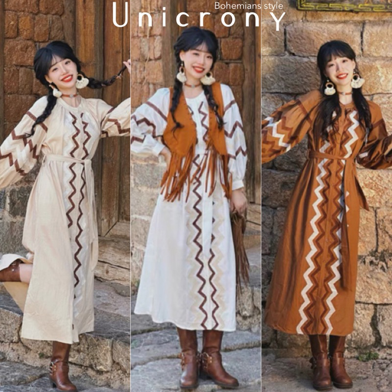 Unicrony พร้อมส่งนะคะ เดรสยาวโบฮีเมียน มีสายผูกเอว งานสวยมากตรงปก
