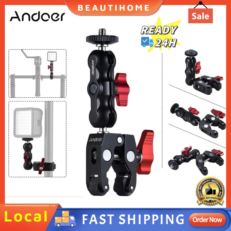 จัดส่งในพื้นที่ Andoer Multi-Function BALL HEAD CLAMP Ball Mount CLAMP ARM Super CLAMP 1/4" & 3/8" ด้ายสำหรับ แคลมป์ยึ