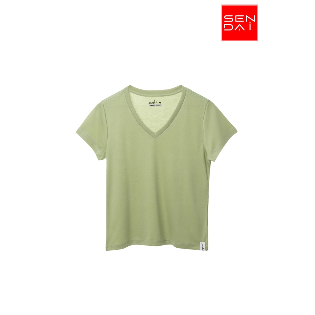 "SENDAI" เสื้อยืดผู้หญิงคอวี สีชาเขียว