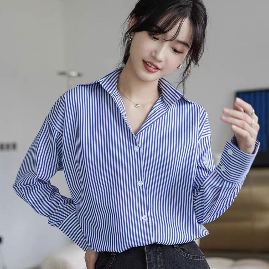 Cuties ❤️ W261❤️ เสื้อเชิ้ตแขนยาว เสื้อแฟชั่นผู้หญิงลายทาง สีฟ้า สไตล์เกาหลี