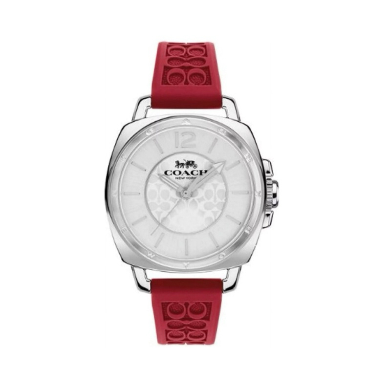 นาฬิกา COACH Boyfriend Silver Logo Dial Red Silicone Band Women's 34mm Watch พร้อมกล่อง