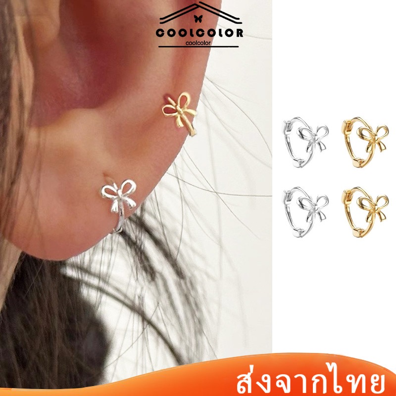 ในไทย 1 คู่ต่างหูห่วงเงินประดับโบว์กลวงS925สไตล์เกาหลีความประณีตแฟชั่นสําหรับผู้หญิง