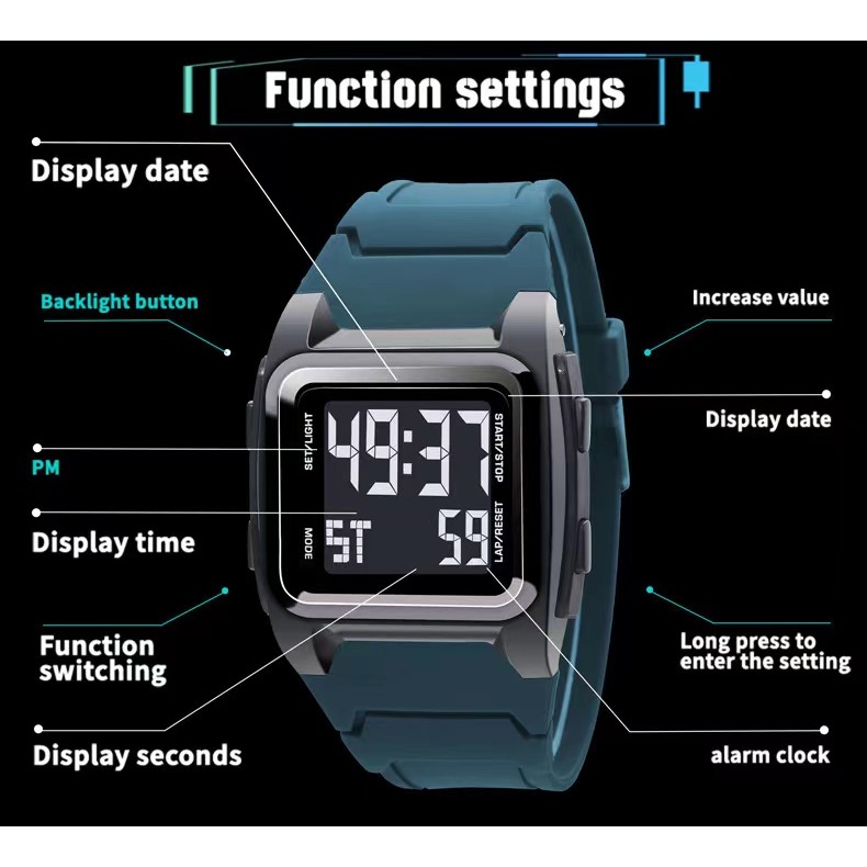 นาฬิกาดิจิตอล LED ทันสมัยสำหรับผู้ชายและผู้หญิง อวกาศ สไตล์สปอร์ต สำหรับนักเรียน โครโนกราฟพร้อมไฟ LED แสดงปฏิทิน กันน้ำ