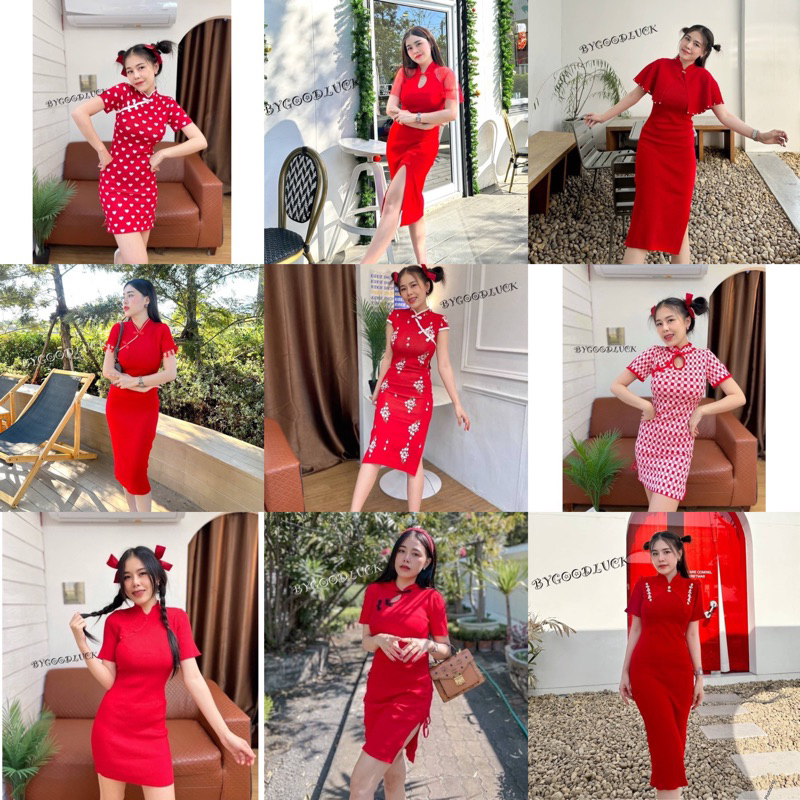 เดรสไหมพรมตรุษจีนกี้เพ้าเดรสสีแดงชุดสีแดง