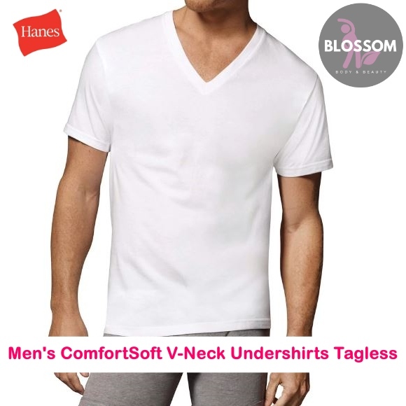 Hanes - Men's ComfortSoft V-Neck Undershirts Tagless เสื้อยืดคอวี  ผ้าฝ้าย ใส่สบาย ไม่มีป้าย