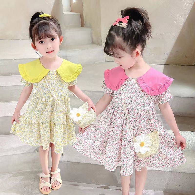 walibaby 057 พร้อมส่ง ชุดเดรสเด็กผู้หญิงลายดอก+กระเป๋า