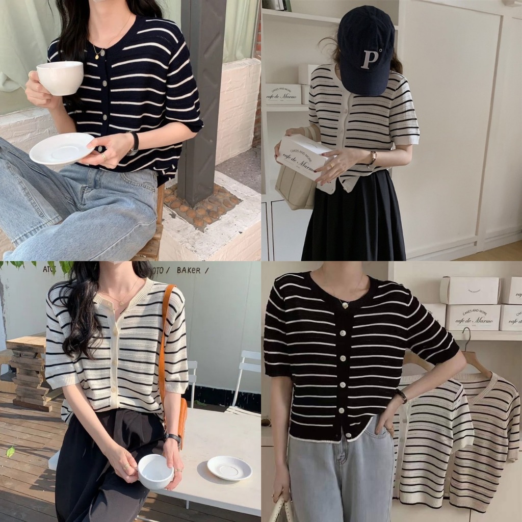 [ส่งจากไทย] 𝙎𝙩𝙪𝙙𝙞𝙤𝘽𝙧𝙖 #f-136 เสื้อไหมพรม กระดุมหน้า ลายทาง ผ้าดีมาก