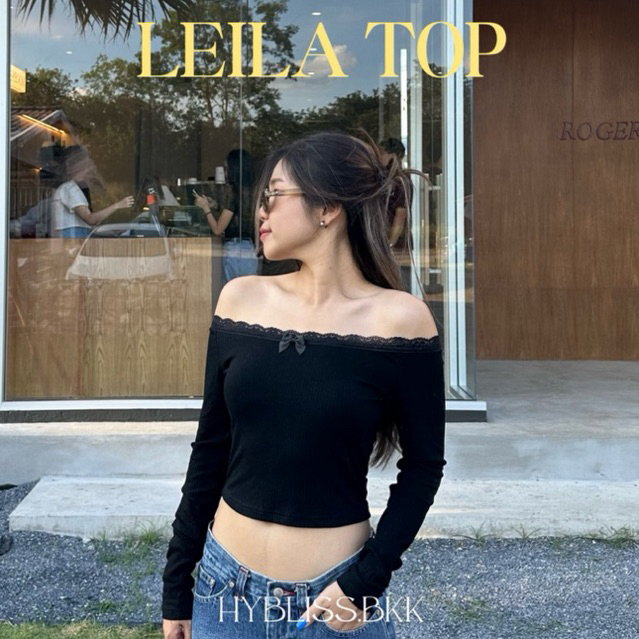hybliss.bkk - Leila top เสื้อแขนยาวเปิดไหล่ ลูกไม้ มีโบว์
