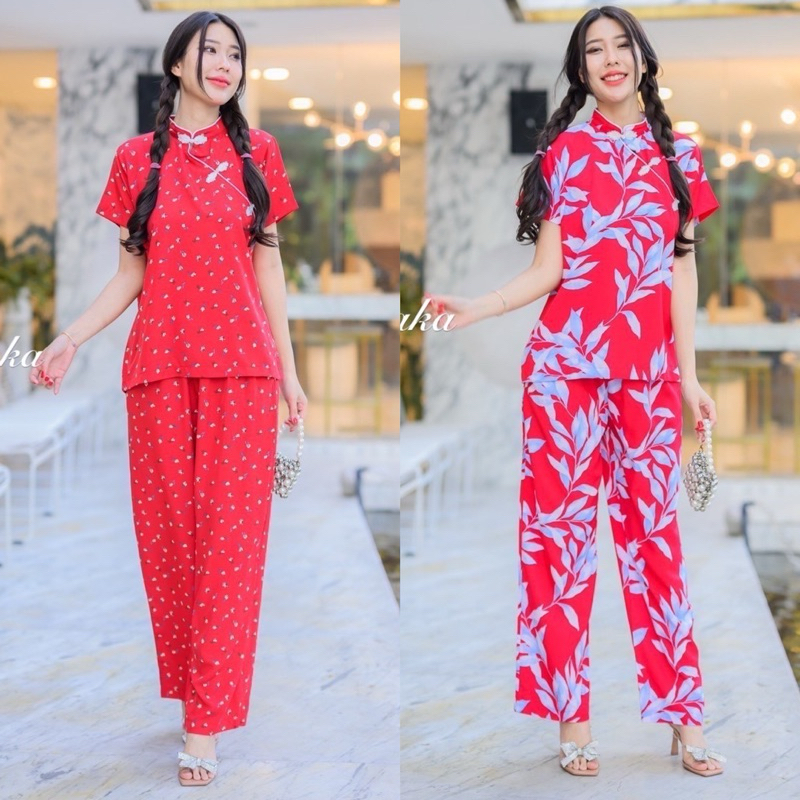 Yunaka ชุดเซ็ต 2 ชิ้น เสื้อคอจีนสวยใส่สบาย กี่เพ้า อก 42” กางเกงขายาว เอวยางยืดเส้นใหญ่ เอว 25-40“