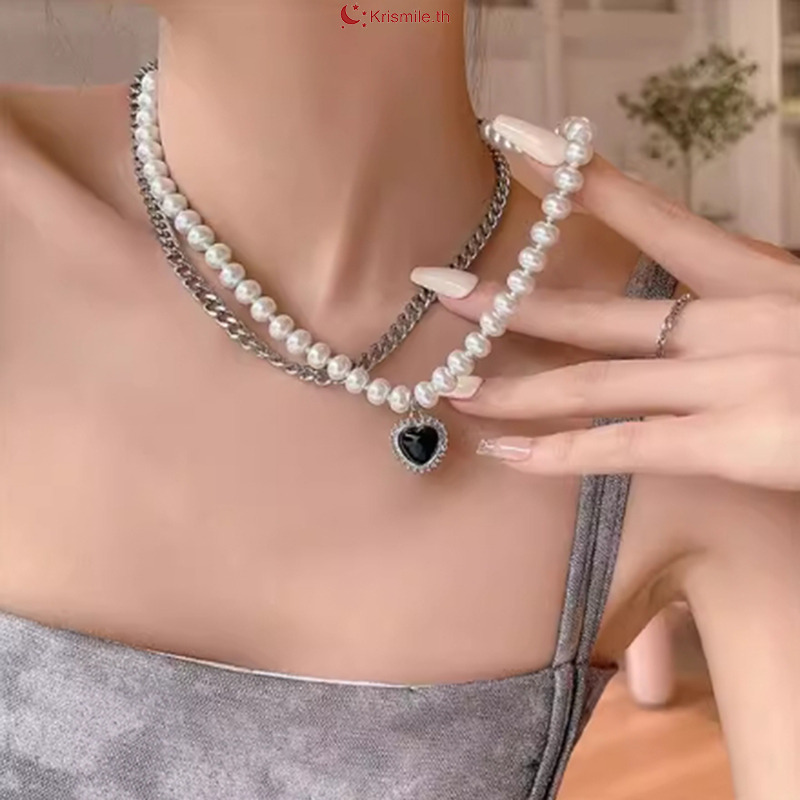 COD-ในไทย💖สร้อยคอ สีดำลายหัวใจ สองชั้นไข่มุกไหปลาร้าโซ แฟชั่นย้อนยุค สไตล์เกาหลี ผู้ชายและผู้หญิง-Krismile.th