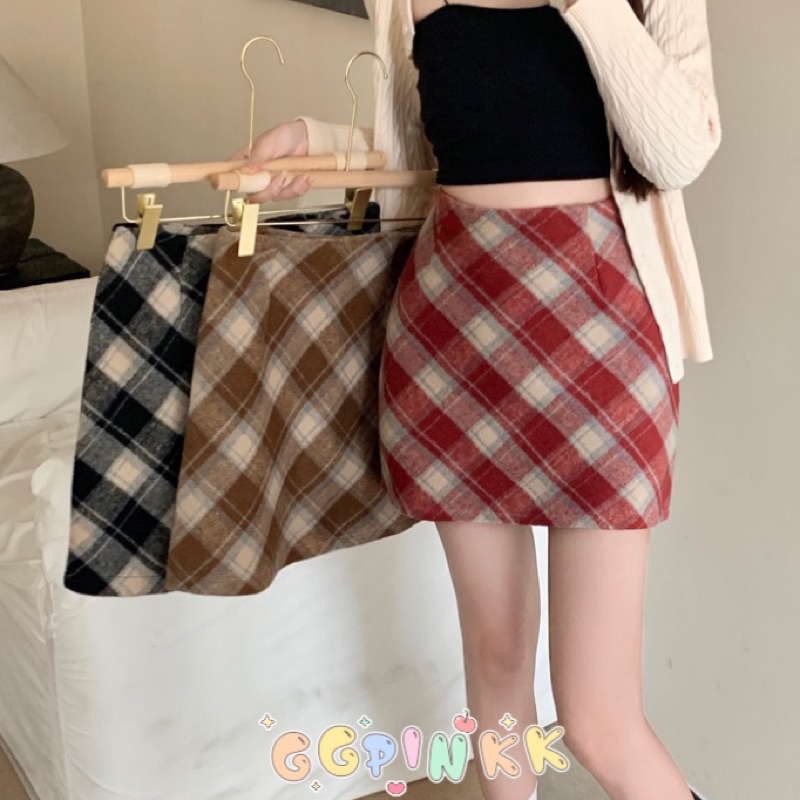 พร้อมส่ง กระโปรงทรงเอ เอวสูง ลายสก๊อต ไม่มีซับ