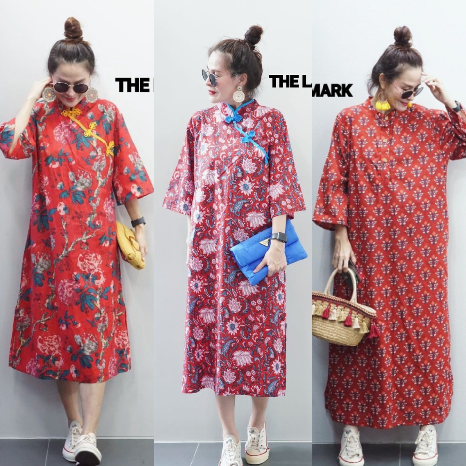 The Landmark เดรสผ้าบล็อคคอทตอล ตรุษจีน แต่งคอจีน CARDIGAN_NISTA