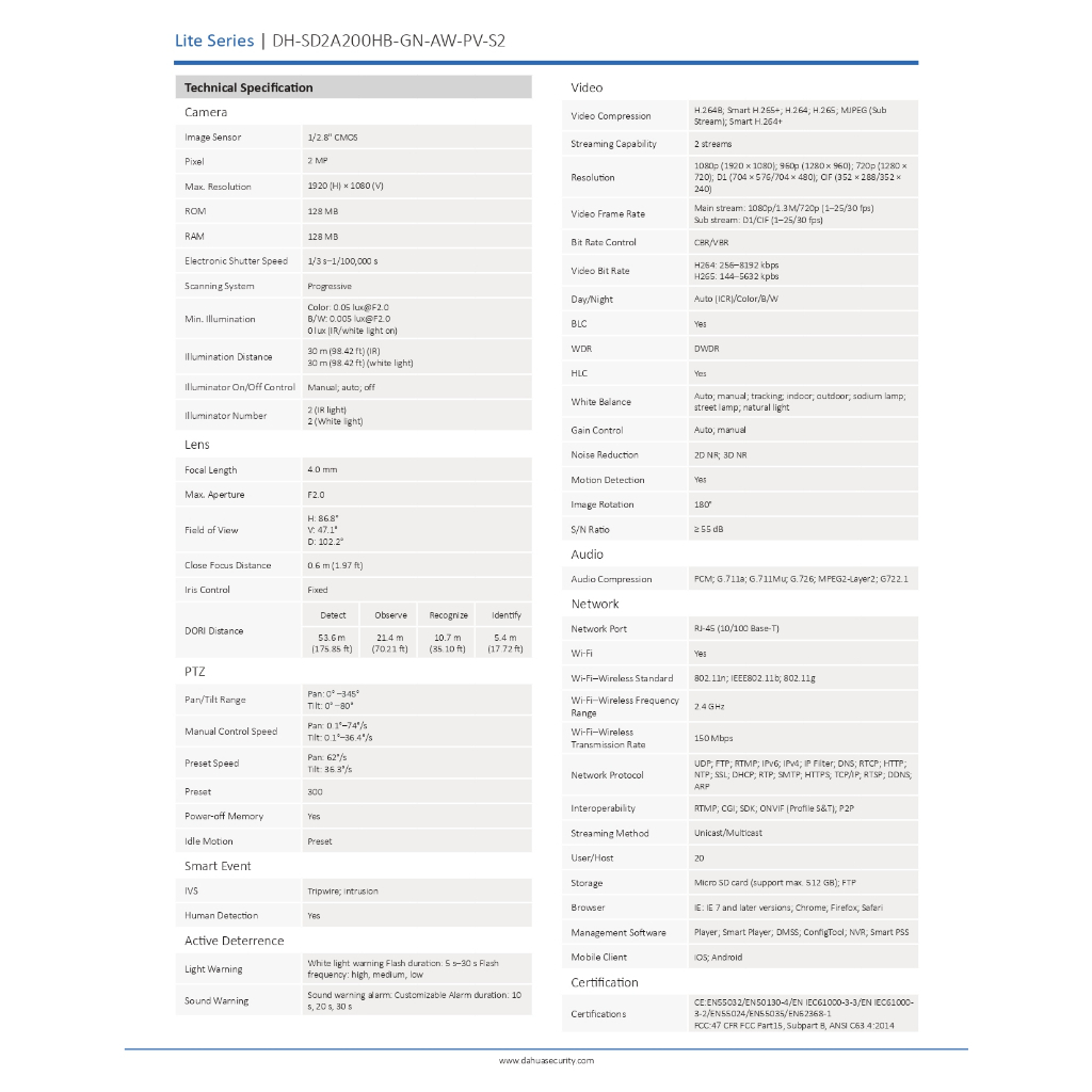 DAHUA กล้องวงจรปิด 2MP / 5MP DH-SD2A200HB-GN-AW-PV-S2 /  DH-P5AE-PV