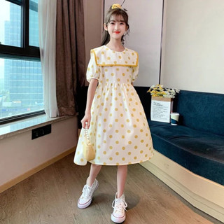 รุ่นใหม่ ชุดเดรสเด็กแขนสั้นสีเหลืองลายจุดน่ารักๆ ชุดกระโปรงย…