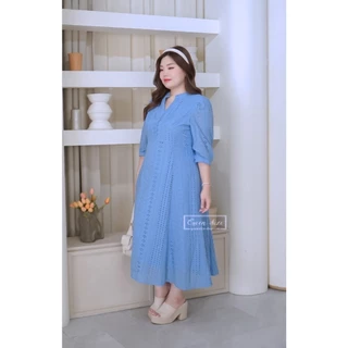 Patcha-สีฟ้า เดรสผ้าลูกไม้ฉลุไซส์ใหญ่อก42 44 46 48 และ50นิ้ว ชุดคนอ้วนสีขาวใส่ไปวัดทำบุญ งานบวช