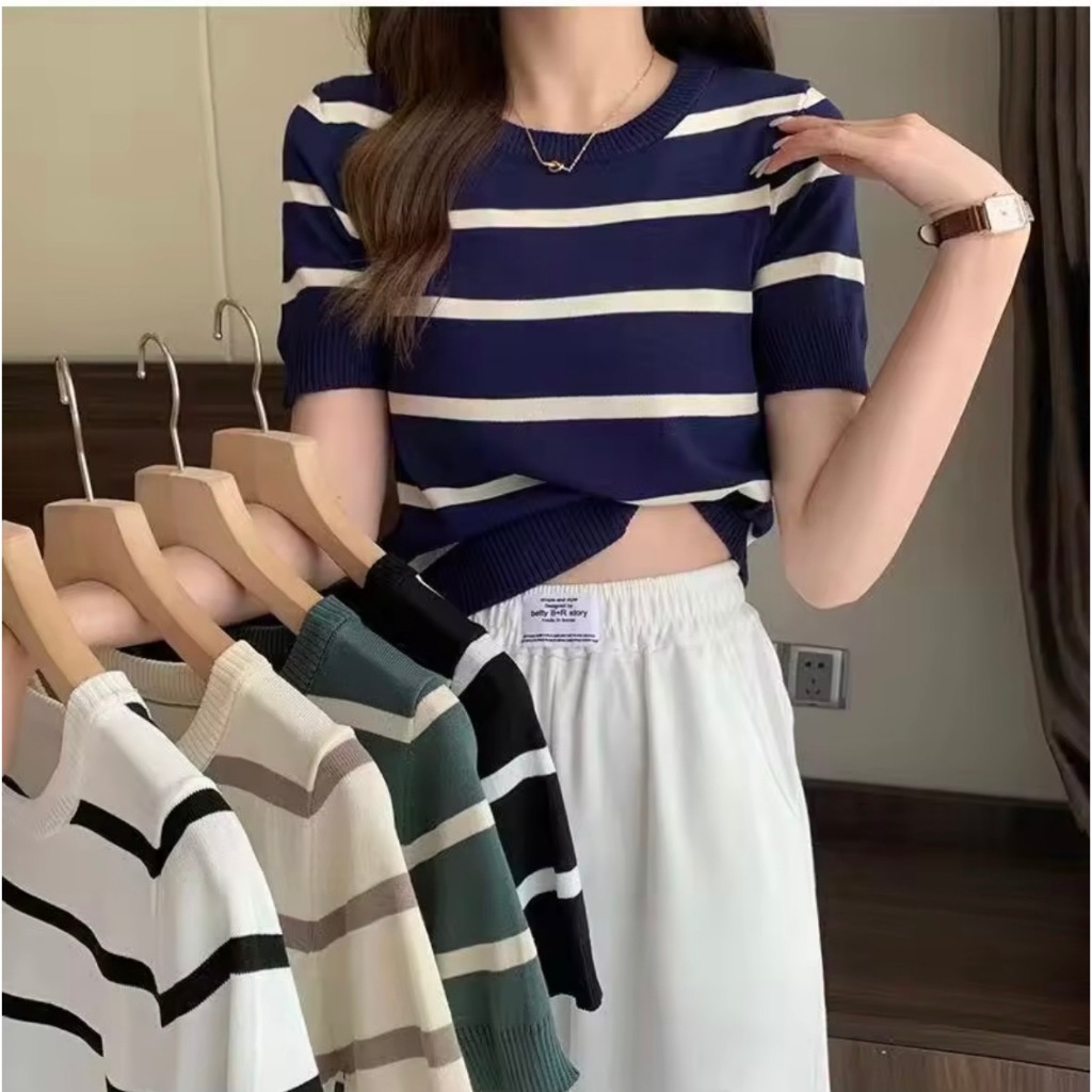 (พร้อมส่ง/ใหม่)#95020เสื้อยืดแขนสั้นผู้หญิงเสื้อไหมพรมคอกลมลายทางสไตล์เกาหลี