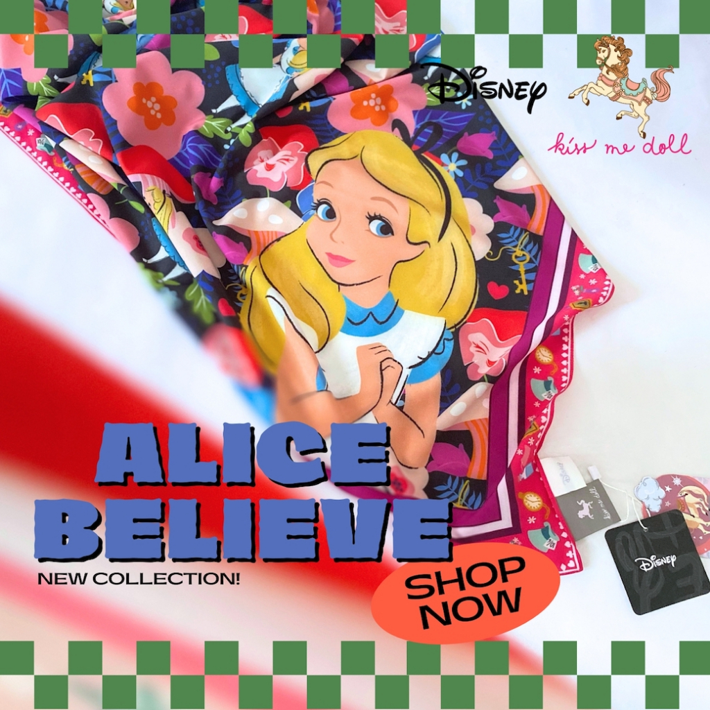 Kiss me doll ผ้าพันคอ ผ้าคลุมไหล่ Disney ลาย Alice in Wonderland อลิส ขนาด 100x100 cm.
