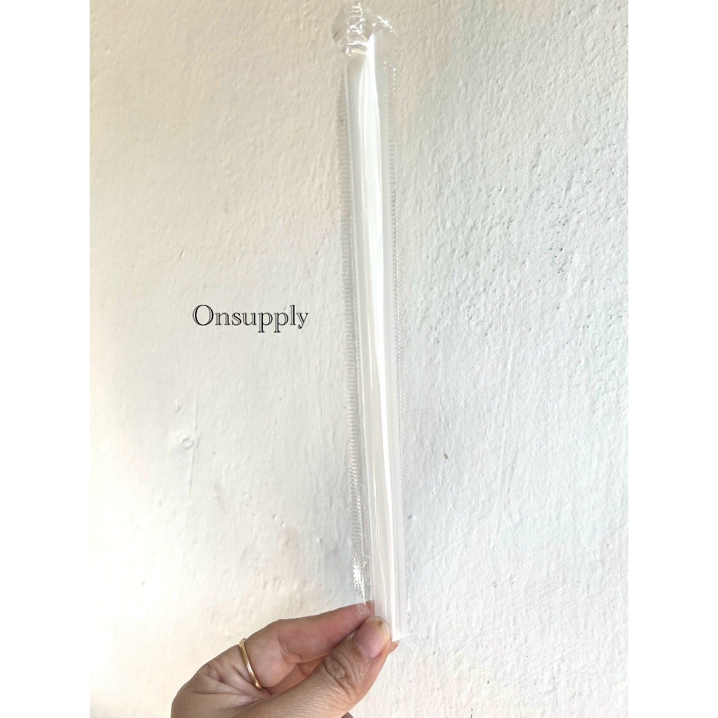 หลอดชาไข่มุกห่อฟิล์ม สีใส ขนาด 12มิลยาว21cm ปลายตัดเเหลมห่อฟิล์มเเยกทุกเส้น 1ห่อ50เส้น