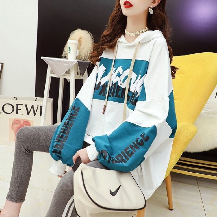 เสื้อแขนยาวฮู้ด Oversize (อก 52 นิ้ว) สกีลลาย 2 โทนสี สไตล์เกาหลี ผ้าคอตตอล  B24