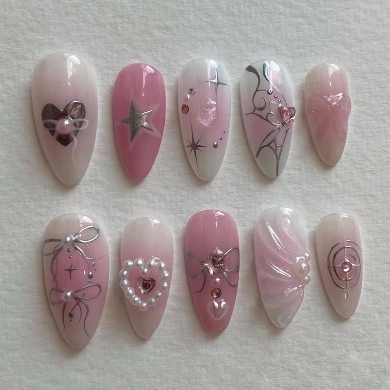 Baby pink chrome press on nails เล็บปลอมสีเจลแท้