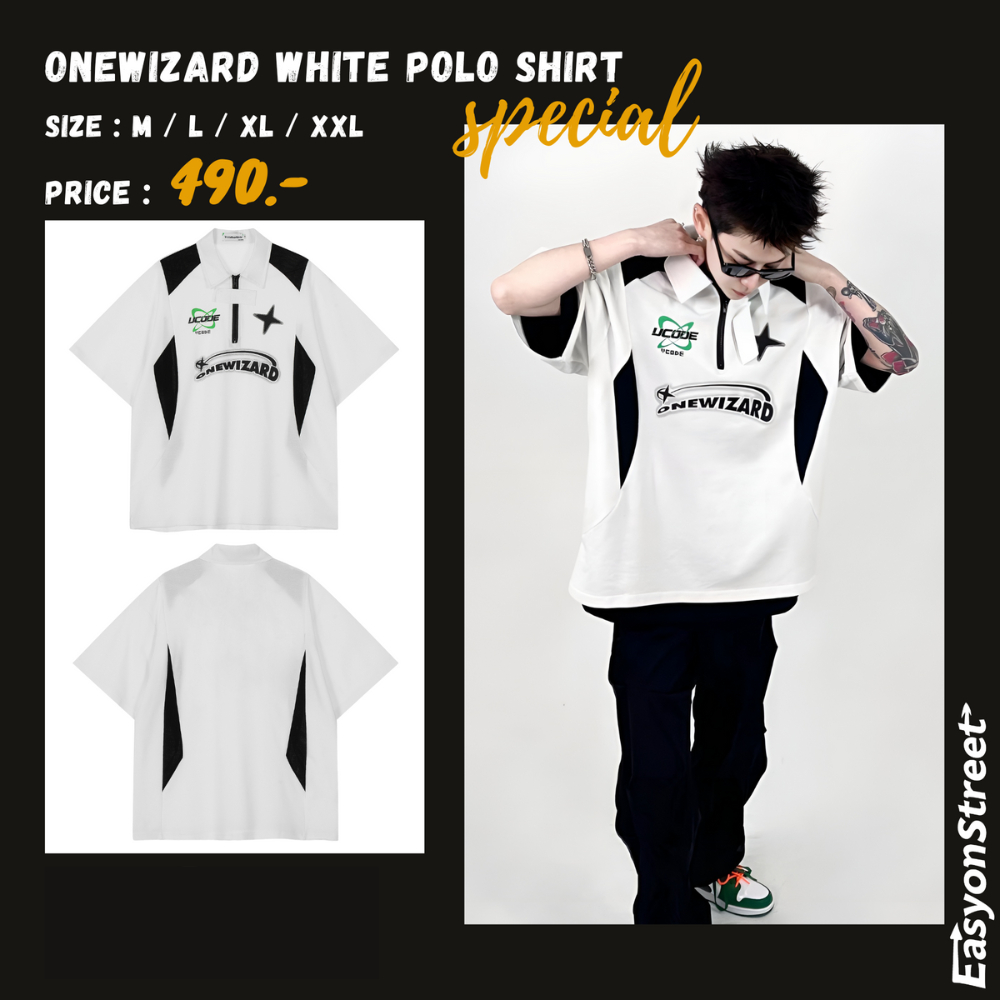 ONEWIZARD WHITE POLO เสื้อโปโลสุดเท่ แนวสตรีท มีสไตล์ โอเวอร์ไซส์ แฟชั่นเกาหลีหน้าหนาว สวยๆ ใส่ได้ทั้งชายและหญิง