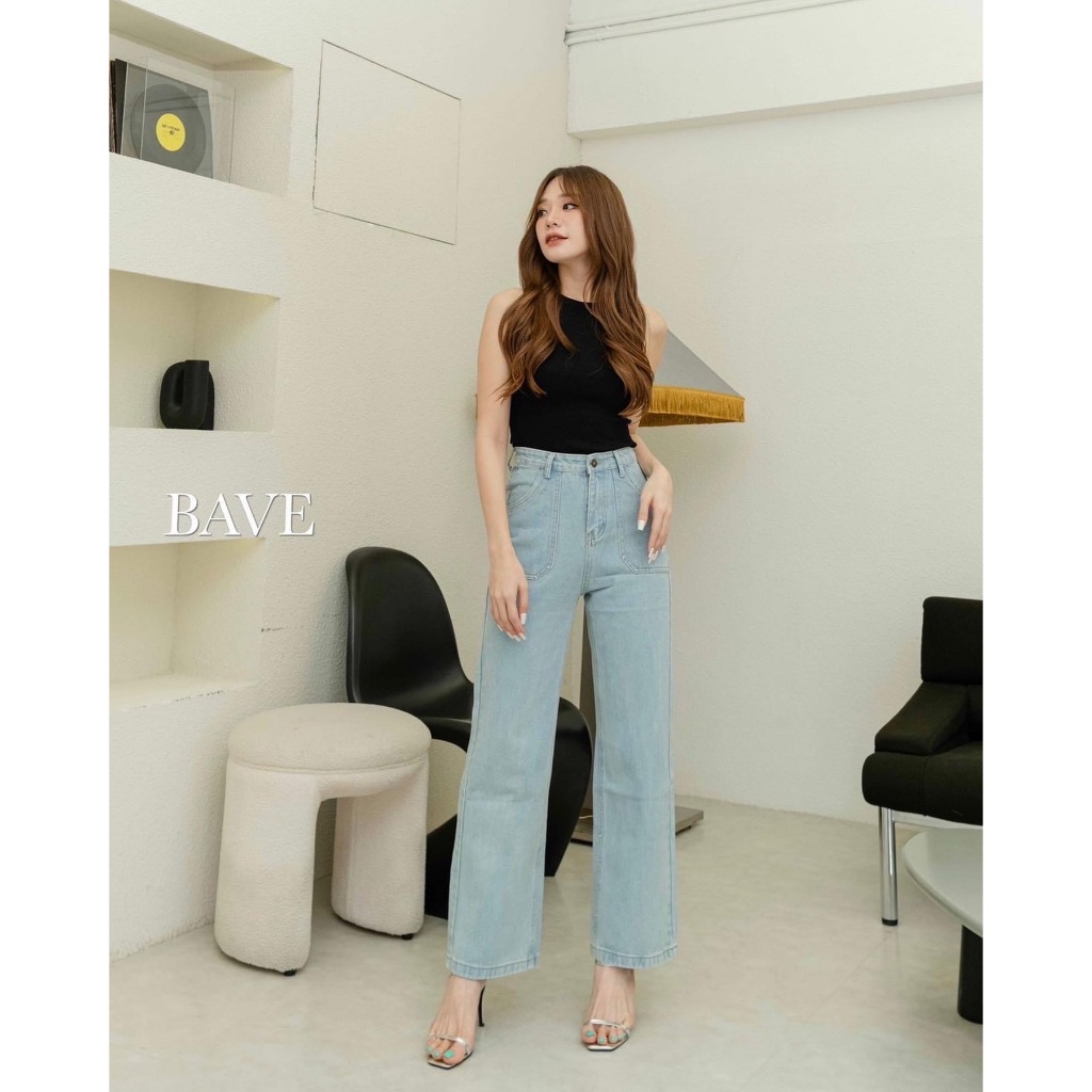 #Bave Jeans 6892-1 กางเกงยีนส์ทรงกระบอก ขายาว เอวสูง