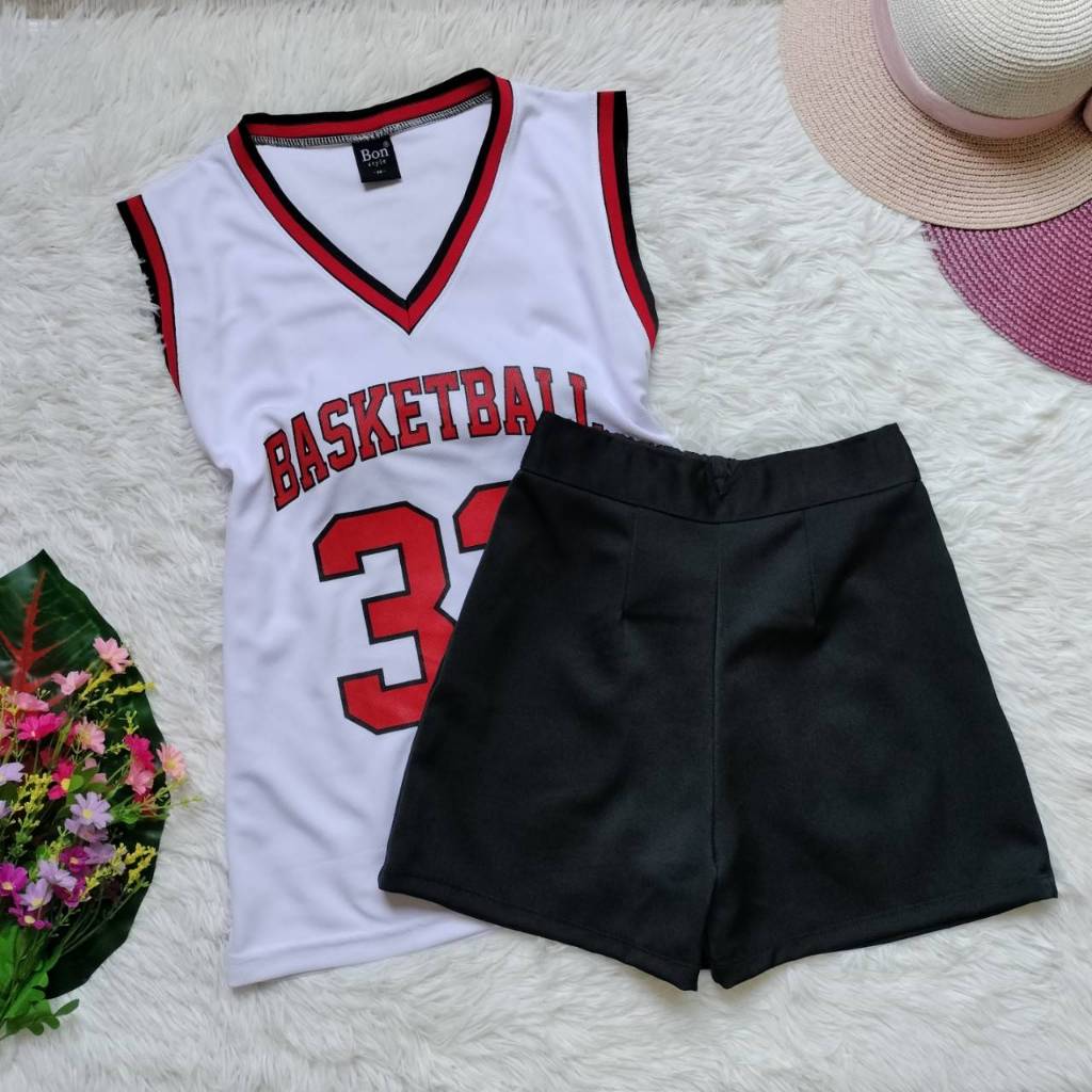 กางเกงขาสั้นเอววี+เสื้อแขนกุดบาส ชุดเซทสองชิ้น ฟรีไซส์ เอว24-30