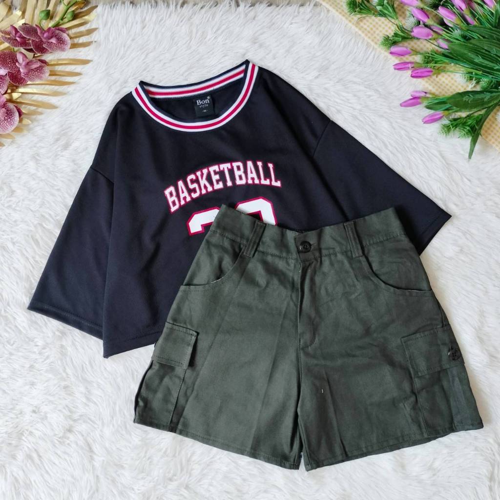 ขาสั้นคาร์โก้เวสปอย+เสื้อครอปบาส ชุดเซทสองชิ้นหญิง เอวยืด23-30