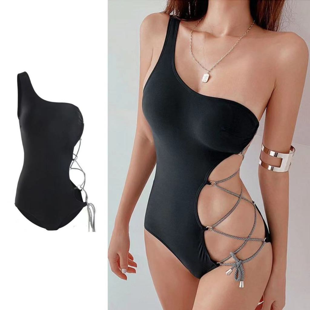 พร้อมส่งในไทย ชุดว่ายน้ำวันพีช สีดํา bikini sexy แฟชั่นเกาหลีผู้หญิง เปลือยหลัง #0016