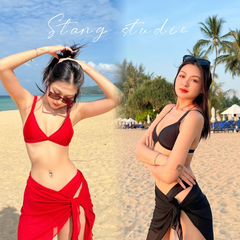 BIKINI ชุดว่ายน้ำ บิกินี่ไฮคัท สีเขียวขี้ม้า/ดำ /แดง บราสามเหลี่ยม กางเกงในแบบไฮคัท