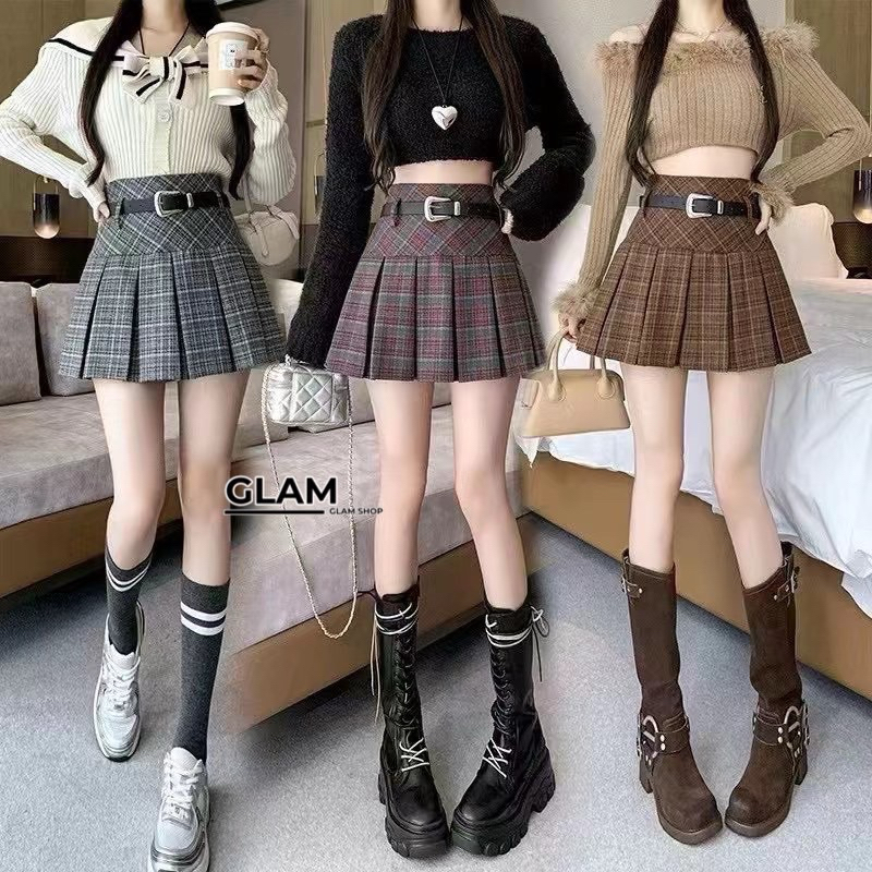 กระโปรงทรงเทนนิส ลายสก๊อตทรงเอวสูง มีเข็มขัดเข้าเซ็ต #151