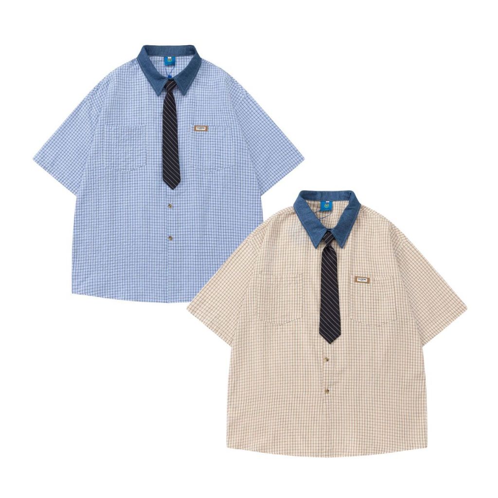 เสื้อเชิ้ตเกาหลีแขนสั้นดีเทลเนกไทน์ Premium Korea Necktie Shirt Style