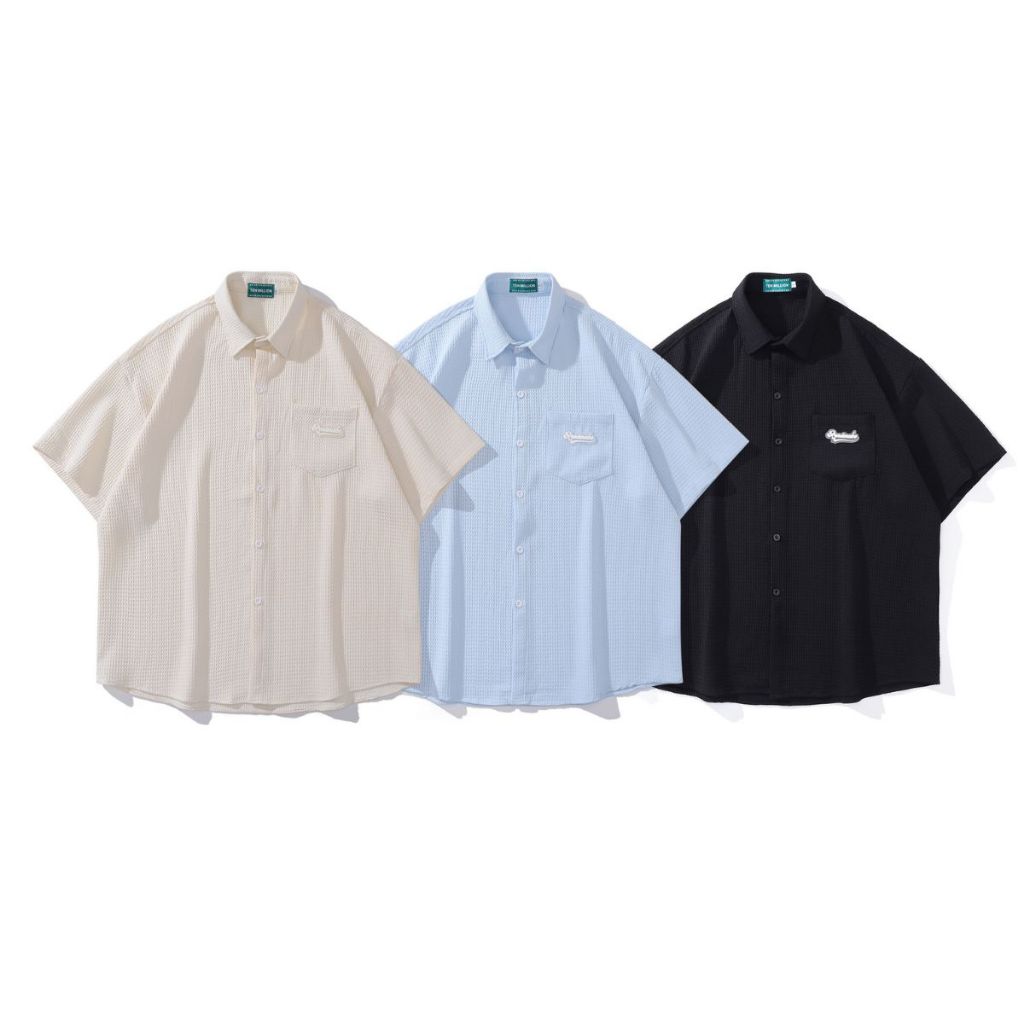 เสื้อเชิ้ตเกาหลีสตไล์มินิมอลแขนสั้นดีเทลผ้าวัฟเฟิล Premium Korea Shirt Style